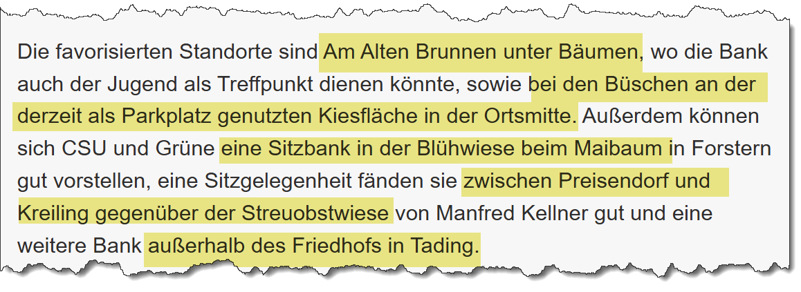 Ausriss aus dem Merkur vom 08.09.2020 zum Thema Parkbänke in Forstern