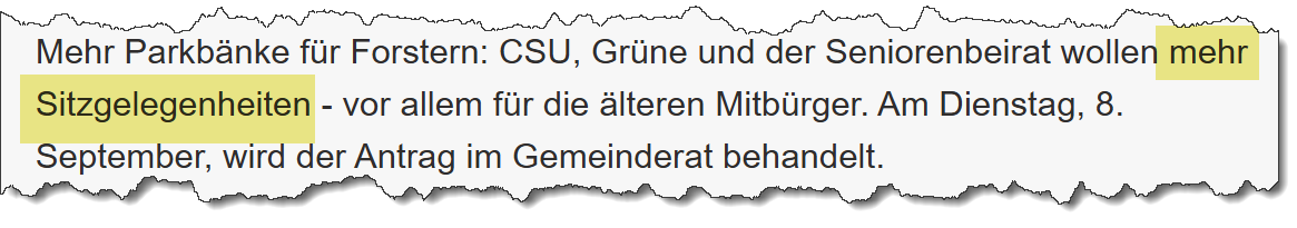 Ausriss aus dem Merkur vom 08.09.2020 zum Thema Parkbänke in Forstern