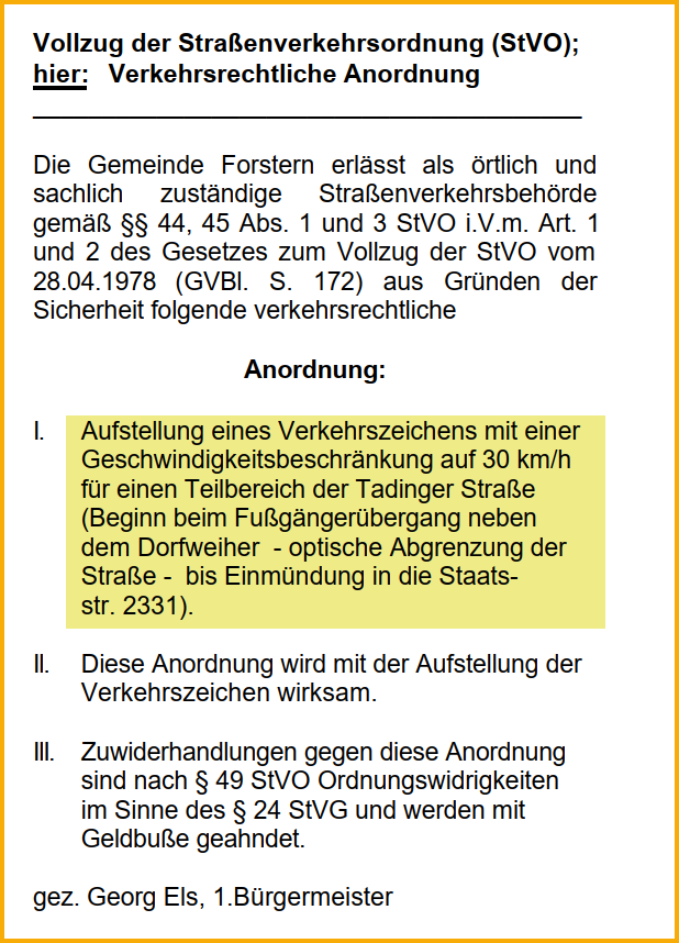 Ausschnitt aus dem Forsterner Amtsblatt vom Februrar 2003. Thema: Tempo 30 in der Tadinger Straße