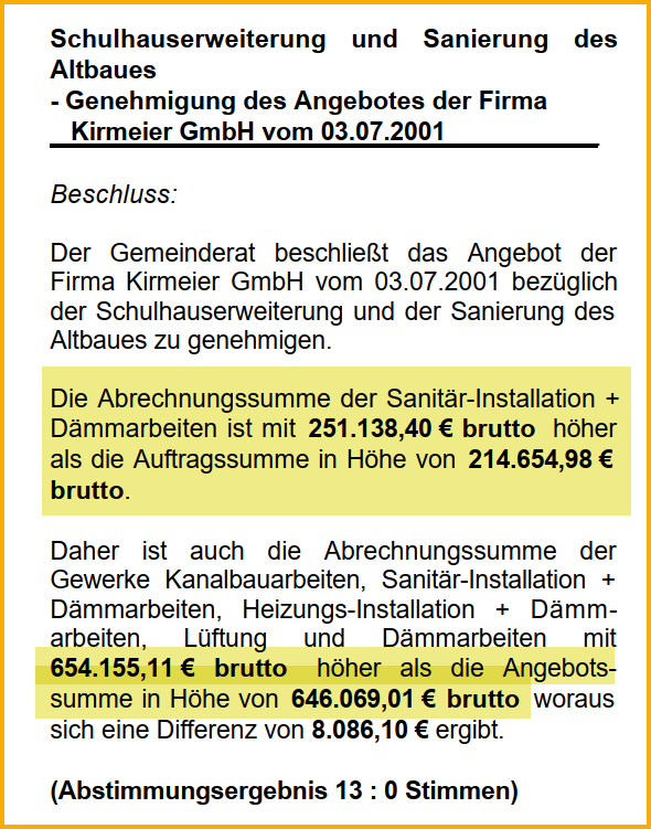 Ausschnitt aus dem Forsterner Amtsblatt vom Oktober 2002. Thema: Kosten für die Schulhauserweiterung und die Sanierung des Altbaus.