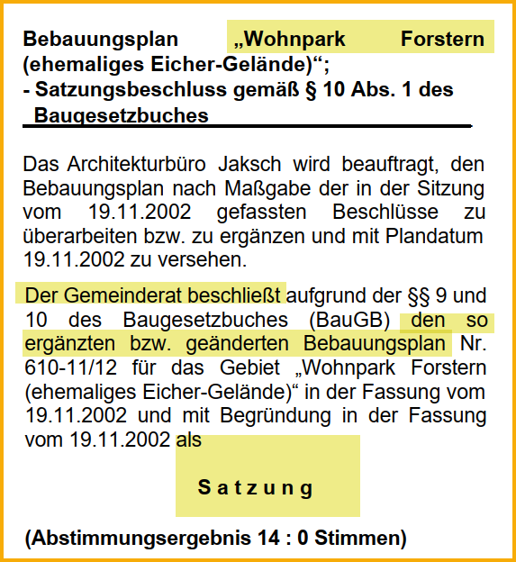 Ausschnitt aus dem Forsterner Amtsblatt vom Dezember 2002. Thema: Wohnpark Forstern.