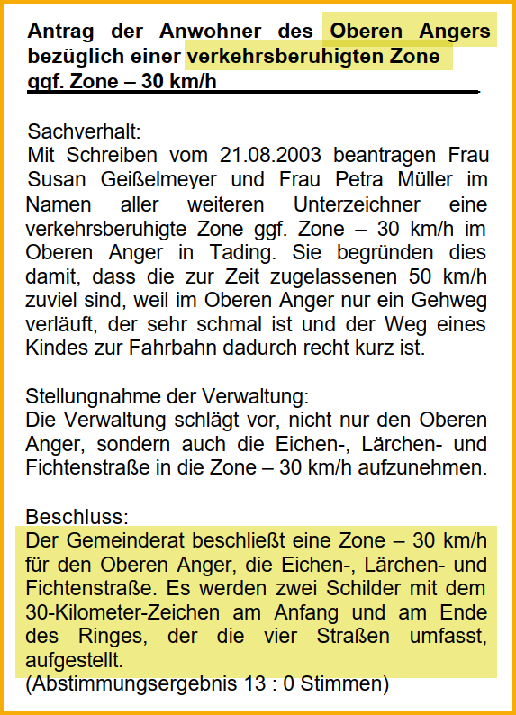 Ausschnitt aus dem Forsterner Amtsblatt vom Oktober 2003. Thema: Verkehrsberuhigte Zone im Oberen Anger in Tading.