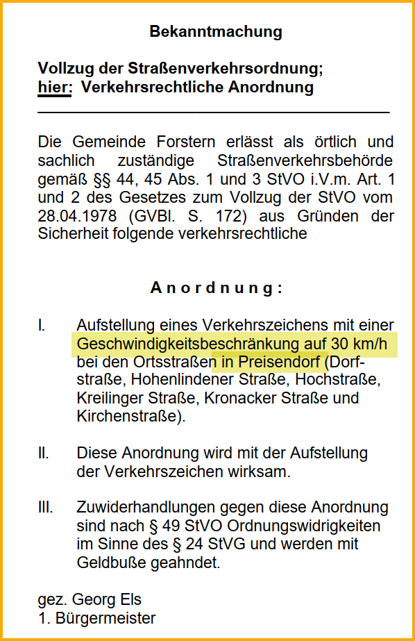 Ausschnitt aus dem Forsterner Amtsblatt vom November 2003. Tempo 30 in Preisendorf.