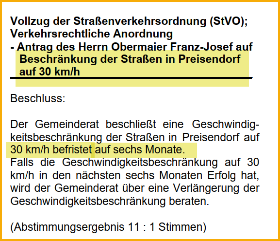 Ausschnitt aus dem Forsterner Amtsblatt vom November 2003. Thema: Tempo 30 in Preisendorf.