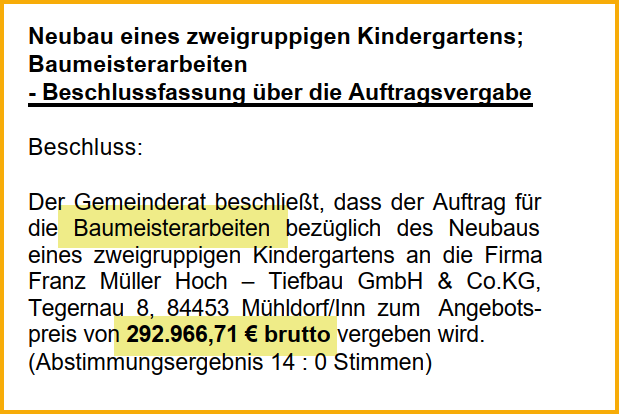 Ausriss aus dem Forsterner Amtsblatt vom Dezember 2003. Thema: Neuer Kindergarten, Baumeisterarbeiten.