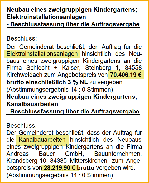 Ausriss aus dem Forsterner Amtsblatt vom Dezember 2003. Thema: Neuer Kindergarten, Elektroinstallation und Kanalarbeiten.