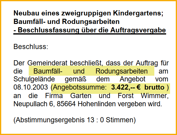 Ausriss aus dem Forsterner Amtsblatt vom Dezember 2003. Thema: Neuer Kindergarten, Gartenarbeiten.