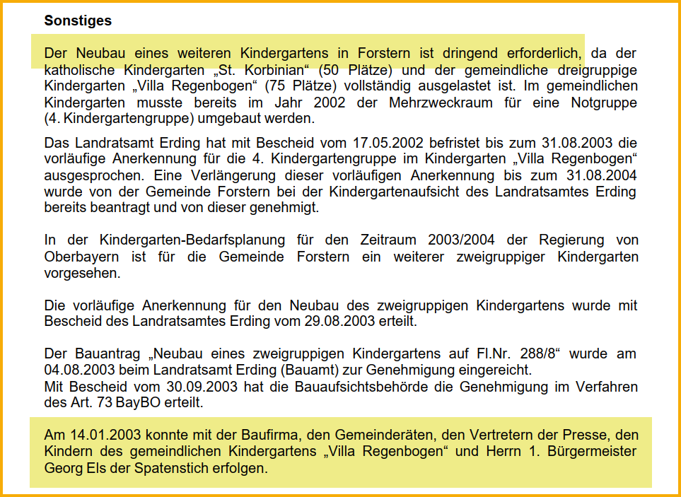 Ausriss aus dem Forsterner Amtsblatt vom Dezember 2003. Thema: Neuer Kindergarten, Sonstiges.