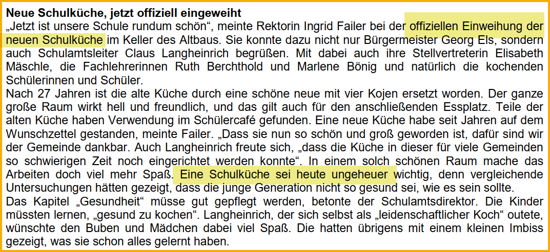 Ausschnitt aus dem Forsterner Mitteilungsblatt vom August 2004. Thema: Neue Schulküche.