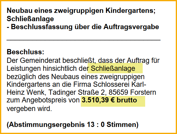 Ausschnitt aus dem Forsterner Mitteilungsblatt vom November 2004. Thema: Neubau eines Kindergartens.