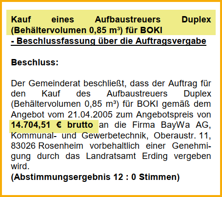 Ausschnitt aus dem Forsterner Mitteilungsblatt vom Juli 2005. Thema: Anschaffung eines Aufbaustreuers.