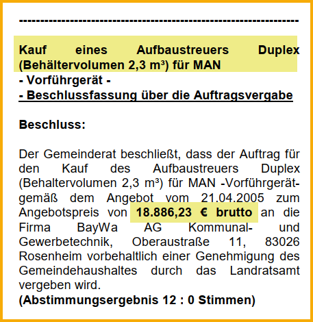 Ausschnitt aus dem Forsterner Mitteilungsblatt vom Juli 2005. Thema: Anschaffung eines Aufbaustreuers.