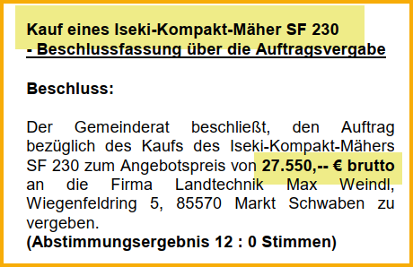 Ausschnitt aus dem Forsterner Mitteilungsblatt vom Juli 2005. Thema: Anschaffung eines Rasenmähers.