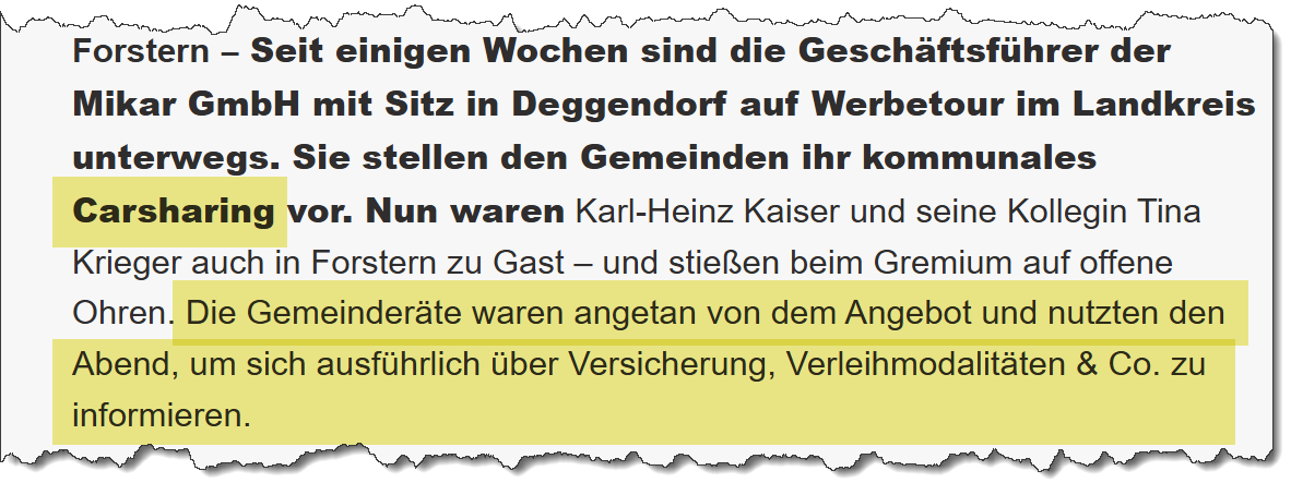 Ausriss aus dem Merkur vom 25.01.2018 zum Thema Carsharing in Forstern