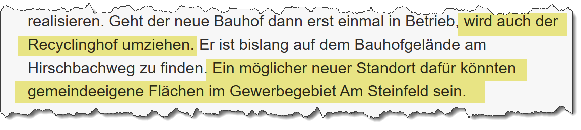 Ausriss aus dem Merkur vom 22.02.2019 zur Planung des neuen Recyclinghofs