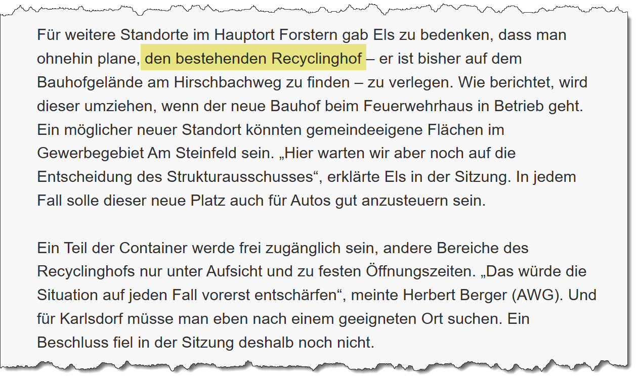 Ausschnitt aus dem Online-Artikel des "Merkurs" zum Wertstoffhof in Forstern