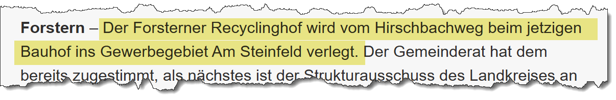 Ausriss aus dem Merkur vom 29.08.2019. Thema: Neuer Recyclinghof.