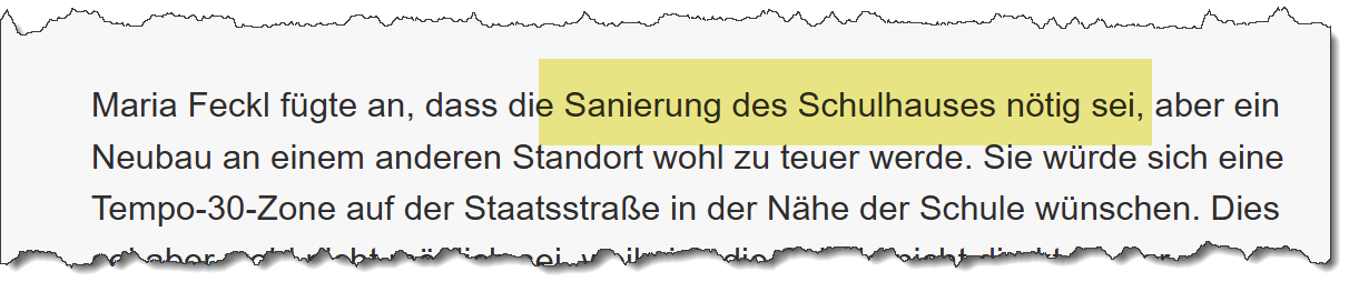 Ausriss aus der Süddeutschen Zeitung vom 28.02.2020. Thema: Sanierung des Schulhauses.