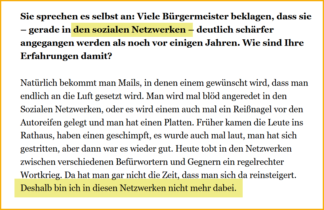 Ausschnitt aus dem Merkur vom 24.04.2020. Interview mit dem Bürgermeister. Thema: Soziale Netzwerke.
