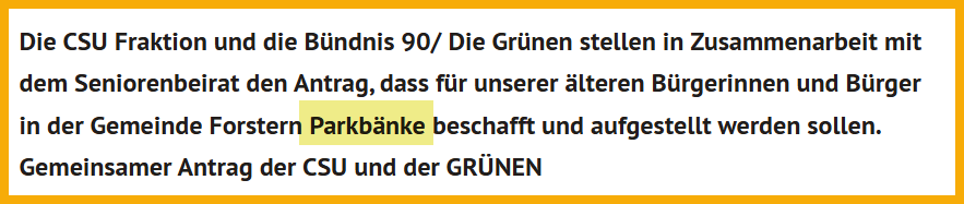 Ausschnitt aus dem Antrag der CSU und Bündnis 90 / Die Grünen vom 16.6.2020. Thema: Parkbänke in der Gemeinde