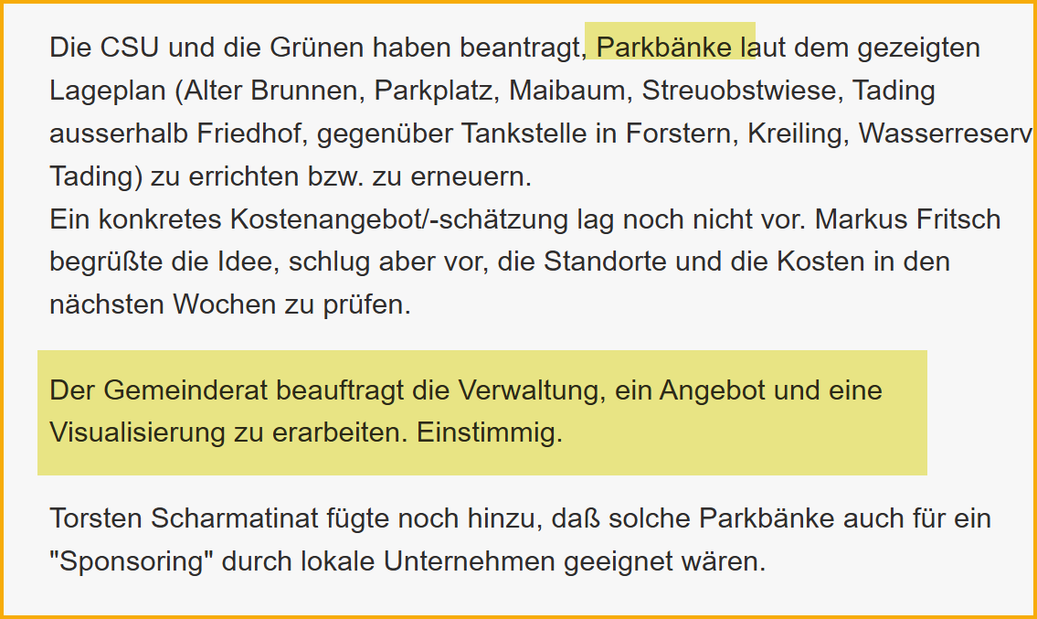 Ausschnitt aus dem Sitzungsprotokoll der SPD zur Gemeinderatssitzung vom 08.09.2020 zum Thema: Parkbänke