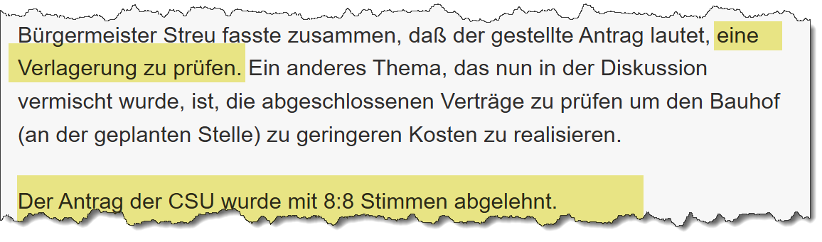 Ausschnitt aus dem Sitzungsprotokoll der SPD zur Gemeinderatssitzung vom 10.11.2020 zum Thema: Neuer Bauhof