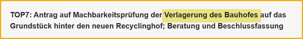 Ausschnitt aus dem Sitzungsprotokoll der SPD zur Gemeinderatssitzung vom 10.11.2020 zum Thema: Umzug Bauhof