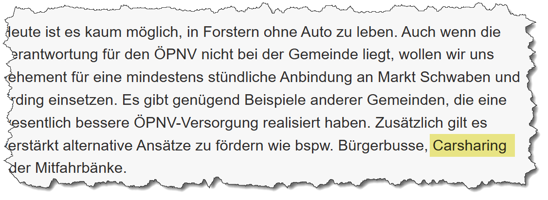 Auszug aus dem Wahlprogramm der Grünen von 2020, in dem Carsharing erwähnt wird