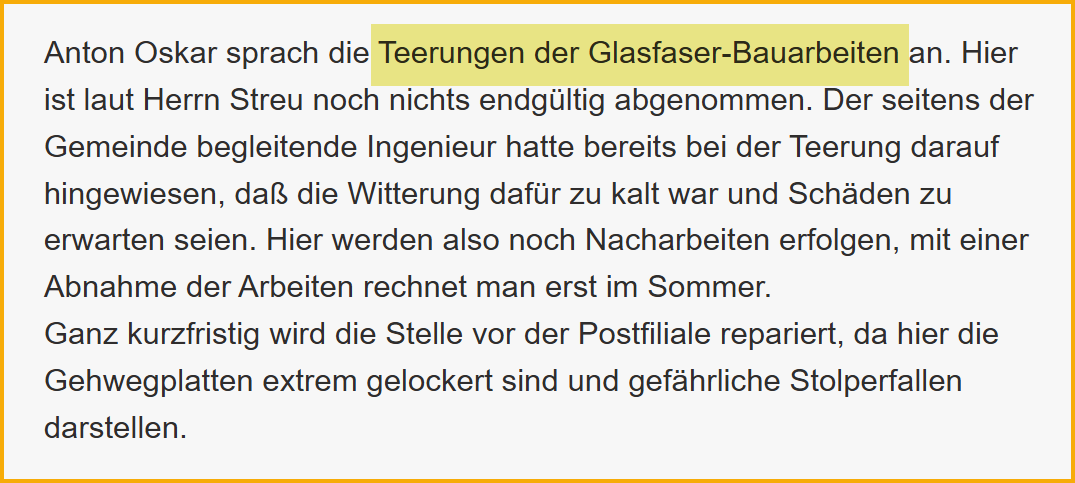 Ausschnitt aus dem Sitzungsprotokoll der SPD zur Gemeinderatssitzung vom 02.02.2021 zum Thema: Straßenschäden nach Glasfaserausbau