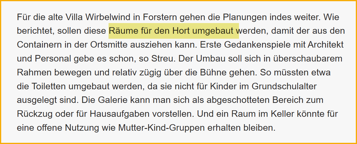 Ausschnitt aus dem Merkur vom 02.05.2022. Thema: Umbau des alten Kindergartens in einen Kinderhort.