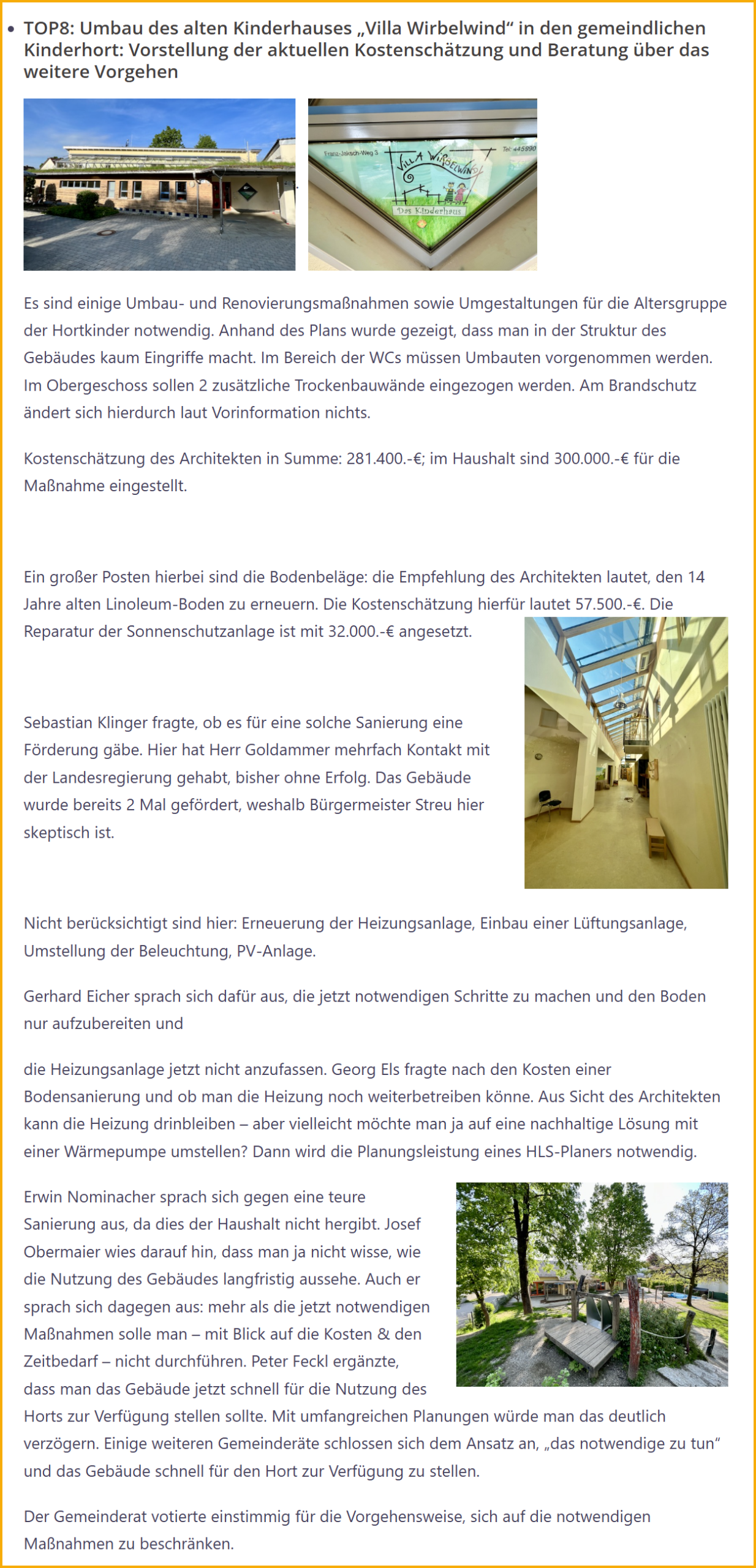 Auszug aus dem Sitzungsprotokoll von der SPD zur Gemeinderatssitzung zum Thema Villa Wirbelwind