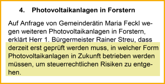 Ausschnitt aus dem Forsterner Mitteilungsblatt vom 01.08.2022. Thema: PV-Anlagen auf kommunalen Gebäuden.