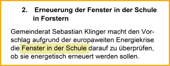 Ausschnitt aus dem Forsterner Mitteilungsblatt vom 01.08.2022. Thema: Energetische Sanierung der Fenster in der Schule.