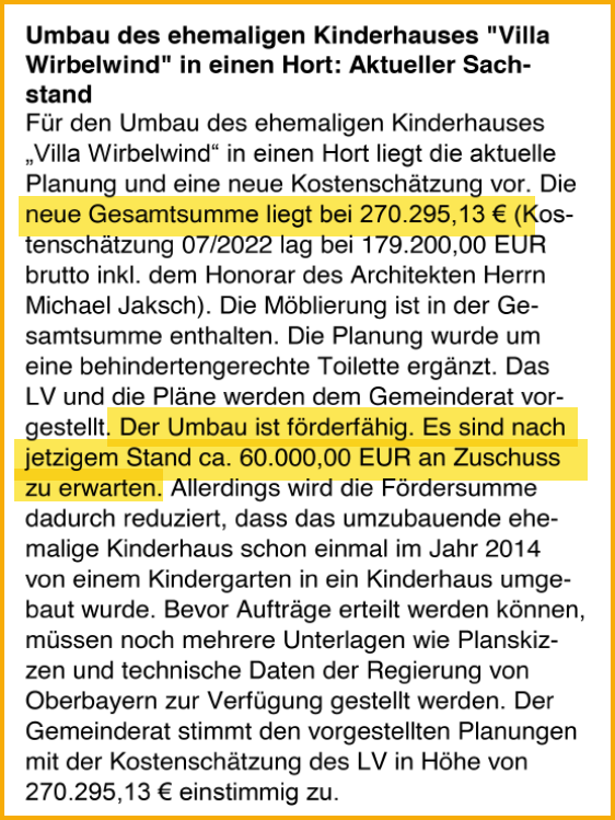 Ausschnitt aus dem Forsterner Mitteilungsblatt Weihnachten 2022. Thema: Kosten für den Umbau des Kinderhauses in einen Kinderhort.