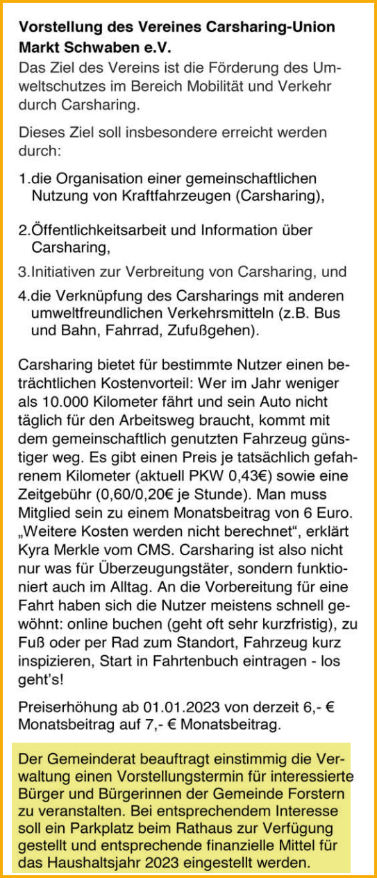 Ausschnitt aus dem Mitteilungsblatt vom 01.02.2023 zum Thema: Car Sharing