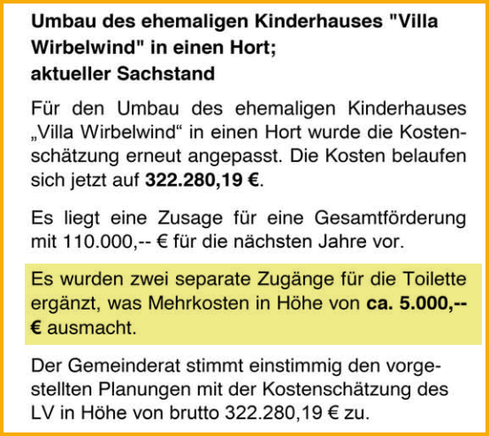 Ausschnitt aus dem Mitteilungsblatt vom 01.03.2023 zum Thema: Mehrausgaben Villa Kunterbunt