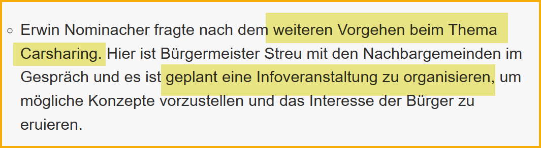 Ausriss aus dem Sitzungsprotokoll der SPD zur Gemeinderatssitzung am 28.03.2023. Thema: Car-Sharing