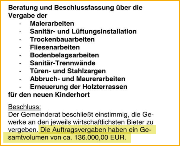 Ausschnitt aus dem Mitteilungsblatt vom 01.07.2023 zum Thema: Auftragsvergabe für den Umbau des Kinderhorts