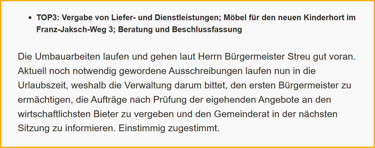 Ausschnitt aus dem Sitzungsprotokoll der SPD zur Gemeinderatssitzung am 25.07.2023. Thema: Umbau Kinderhort.