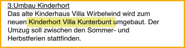 Ausschnitt aus dem Mitteilungsblatt vom 01.09.2023 zum Thema: Umbenennung Villa Wirbelwind in Villa Kunterbunt