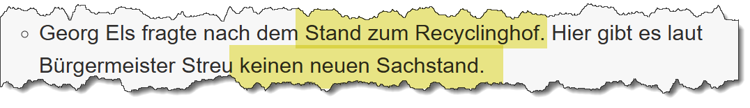 Ausriss aus dem Sitzungsprotokoll der SPD zur Gemeinderatssitzung am 10.10.2023. Thema: Neubau Recyclinghof.