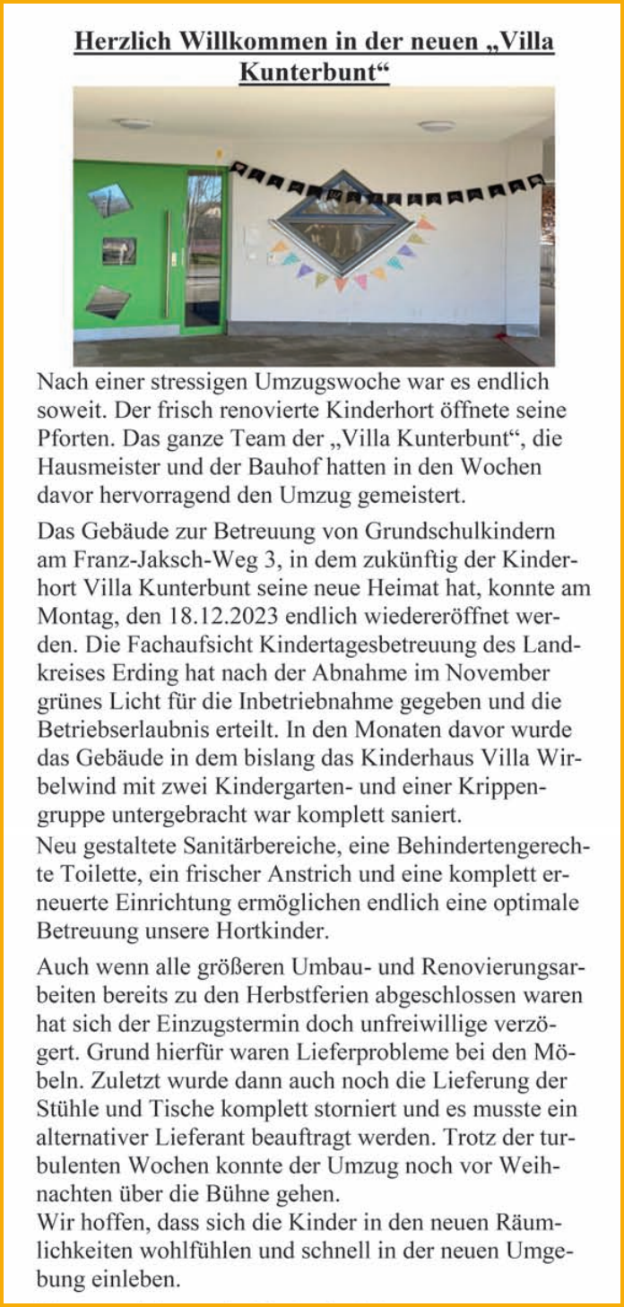Ausschnitt aus den Forsterner Nachrichten vom 01.02.2024 zur Neueröffnung der Villa Kunterbunt