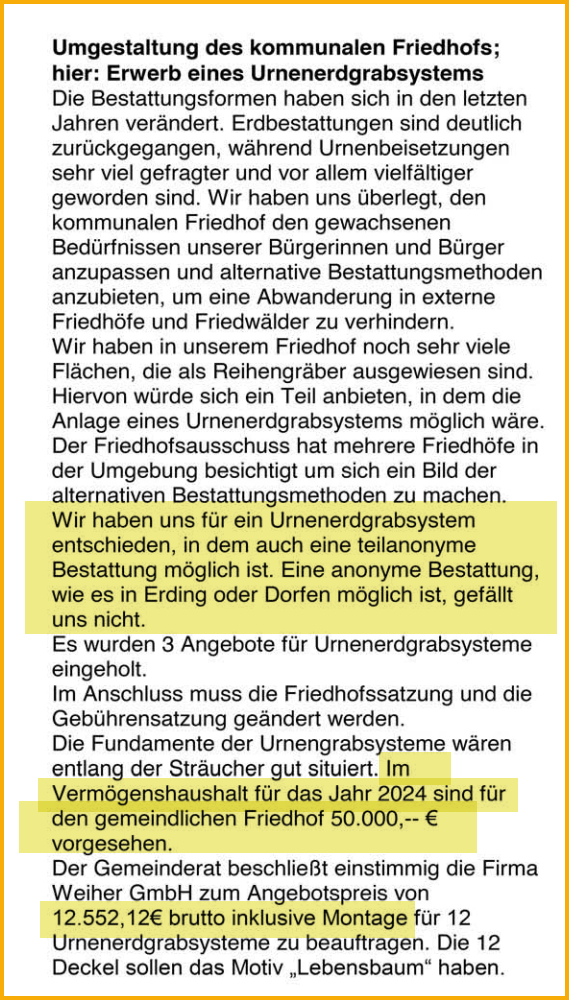 Ausschnitt aus dem Mitteilungsblatt vom 01.04.2024 zum Thema: Urnengrabanlage