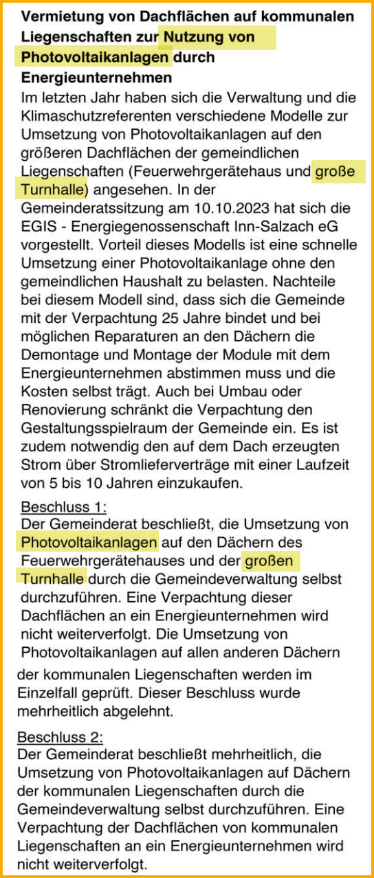 Ausriss aus dem Mitteilungsblatt vom 01.08.2024 zum Thema PV-Anlagen