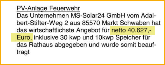 Ausschnitt aus dem Mitteilungsblatt vom 01.11.2024 zum Thema: PV-Anlage auf dem Dach der Feuerwehr
