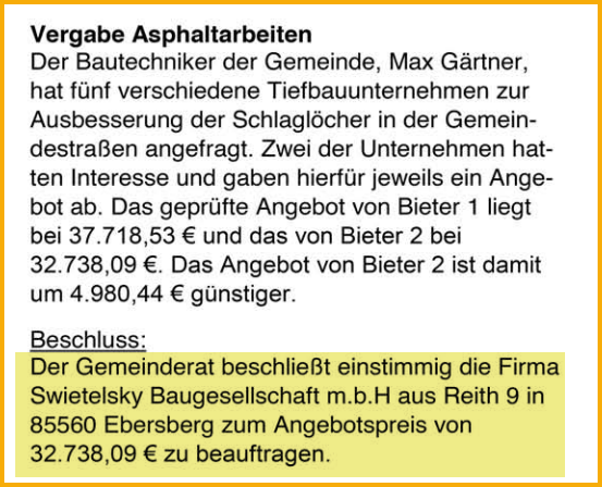 Ausschnitt aus dem Mitteilungsblatt der Gemeinde Forstern vom 01.07.2024 zum Thema Straßensanierung