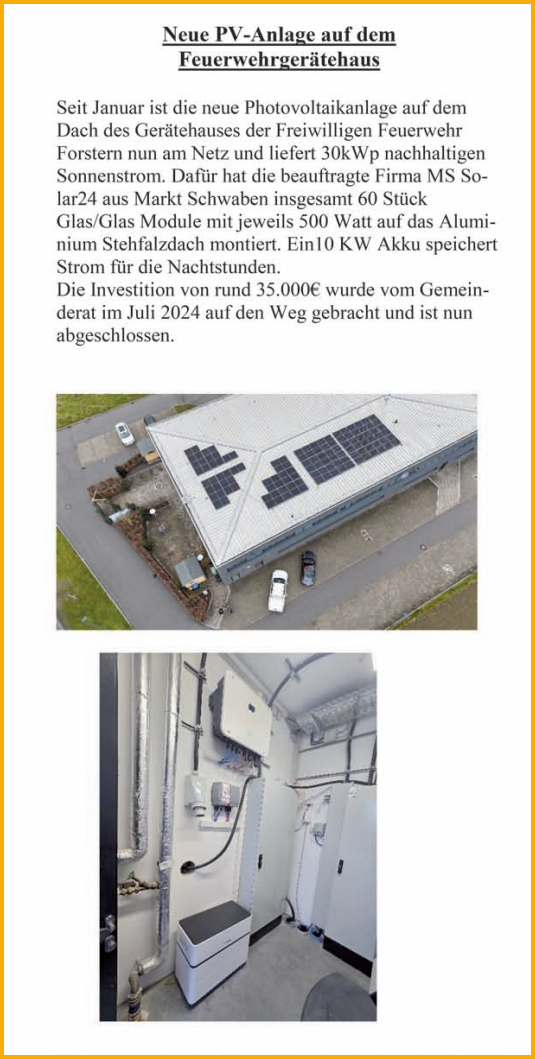 Auszug aus den Forsterner Nachrichten vom März 2025 zur Installation einer PV-Anlage auf dem Dach der Feuerwehr
