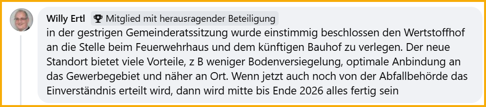 Screenshot eines Kommentars zur Planung des neuen Wertstoffhofs in Forstern