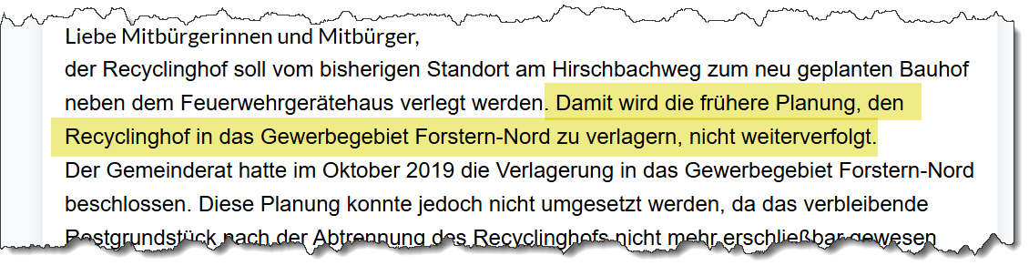 Screenshot aus einem Beitrag in der Heimat Info bezüglich des Standorts des geplanten neuen Wertstoffhofs