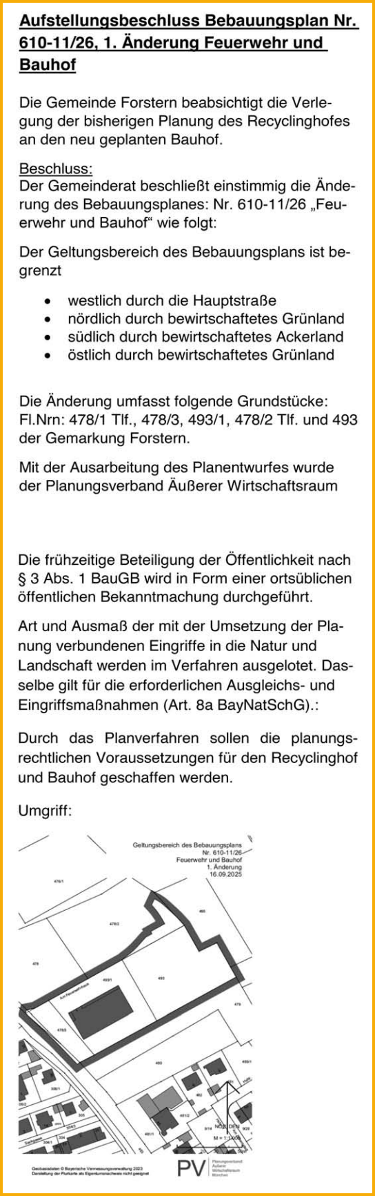 Ausschnitt aus dem Forsterner Mitteilungsblatt vom 01.11.2025 zum Thema Feuerwehr und Bauhof